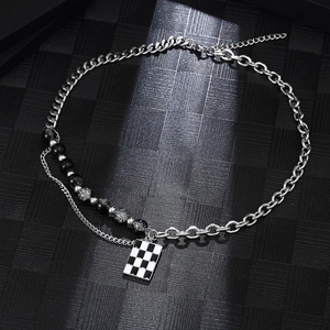 Dual-layer titanium steel necklace featuring black white checkered pendant and beaded chain