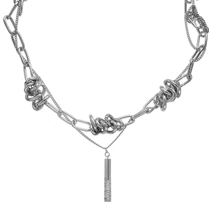 Industrial double-layered titanium steel necklace with a crystal-studded cylinder pendant