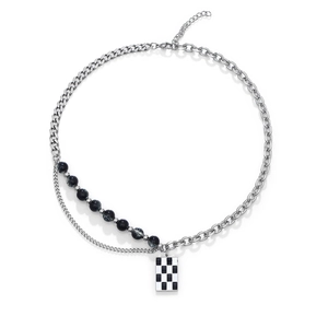 Hip Hop Stainless Steel Double Layered Necklace With Checkerboard Enamel Pendant Mixed Beads Cuban Chain For Men Women Streetwear Jewelry