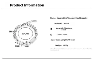 Detailed size parameters of silver titanium steel square link bracelet with dimensions 19+3cm