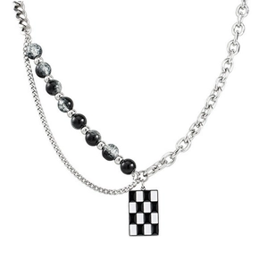 Double-layered titanium steel necklace featuring cracked beads and checkered pendant