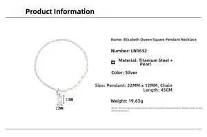 Detail of Queen Elizabeth square pendant and pearl titanium steel necklace with dimensions