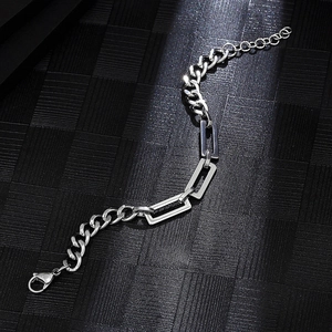 Industrial style silver titanium steel chain bracelet with rectangular geometric links