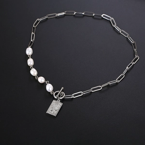 Elizabeth Queen coin pendant necklace with freshwater pearls and silver paperclip chain