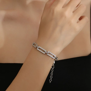 Polished stainless steel rectangular link chain bracelet with adjustable clasp for men and women