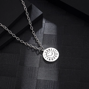 Hip hop titanium steel round sun face pendant necklace with silver chain on black texture