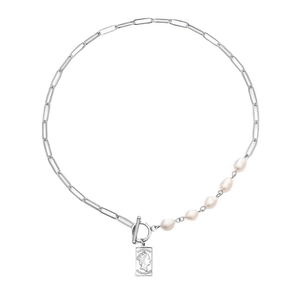 Vintage Stainless Steel Queen Portrait Square Pendant Necklace Asymmetric Paperclip Chain Artificial Baroque Pearl Jewelry For Women