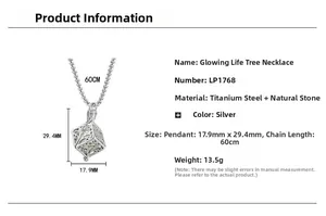 Detailed dimension chart showing the luminous tree of life pendant and steel chain