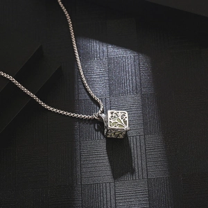 Luminous tree of life necklace with silver hollow cube pendant in hip-hop style