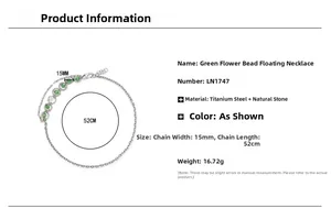 Technical drawing showing titanium steel necklace dimensions with green beaded details