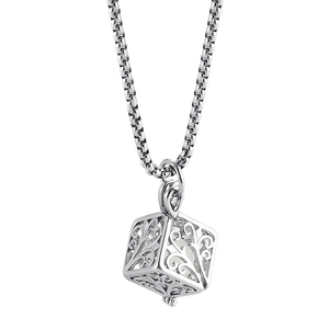 Glow-in-the-dark Tree of Life necklace with glowing bead inside square hollow pendant