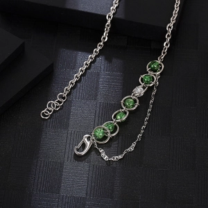 Titanium steel necklace with green crackle glass beads and double layered silver chains