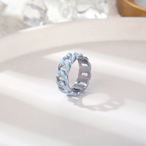 Cuban link ring in polished stainless steel with light blue enamel coating inlay