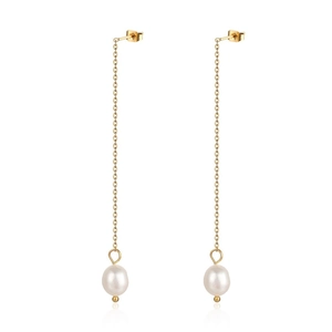Elegant gold stainless steel long tassel earrings with white pearls on a white background