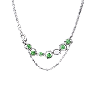 Titanium Steel Splicing Green Cracked Bead Suspended Necklace Unisex Personalized Double Layer Clavicle Chain Jewelry Gift
