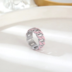 Pink and silver Cuban link chain ring in stainless steel for a hip hop fashion look