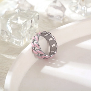 Pink enamel Cuban link chain ring in silver stainless steel for a minimalist look