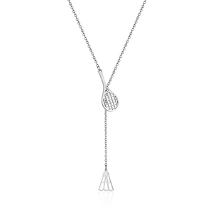 Sporty badminton racket and shuttlecock necklace in silver stainless steel finish