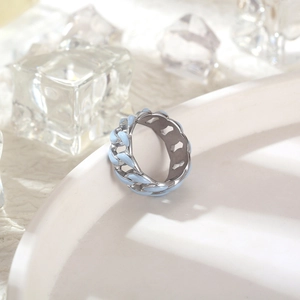 Hip hop titanium steel Cuban link ring with light blue enamel on white ceramic tray