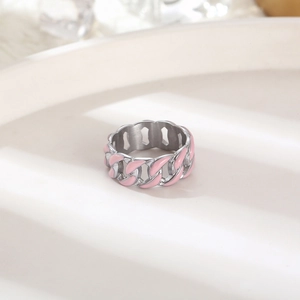 Hip hop style pink enamel Cuban chain ring made of silver stainless steel for men and women
