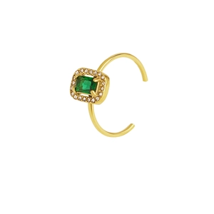 Adjustable gold plated stainless steel ring with emerald green zircon and small crystals