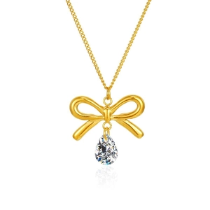 Golden bow necklace with a teardrop zircon pendant and a polished finish on a fine O-chain