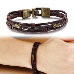Multilayer braided leather bracelet for men and women featuring vintage metal accents