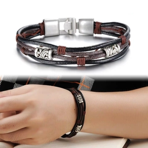 Multilayer braided leather bracelet for men with vintage engraved metallic charms