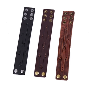 Retro wide leather bracelet with metal snap buttons in black, dark brown, and wood grain