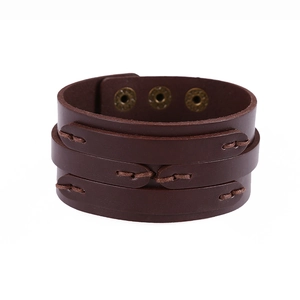 Vintage brown wide leather bracelet for men with triple layer design and snap buttons