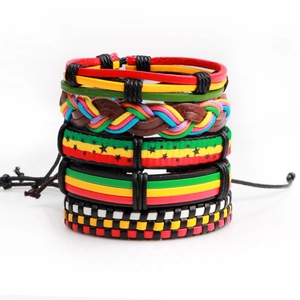 5-piece set of handmade braided leather bracelets in bohemian red, green, and yellow colors