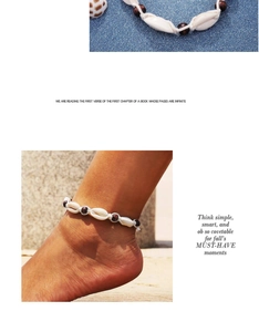 Detail view of bohemian anklet with natural white shells and dark brown wood beads