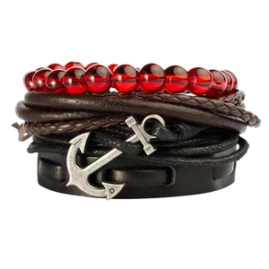 Vintage Men Multi Layer Leather Bracelet Set Alloy Anchor Charm Woven Wax Rope Red Beads Bohemian Punk Jewelry For Daily Wear