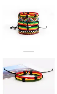 Detail view of 5-piece handmade woven leather bracelet set with adjustable wax cord straps