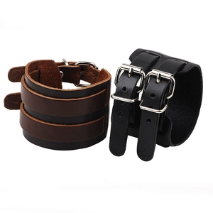 Ensemble de bracelets larges en cuir rétro noir et marron avec double boucle en métal