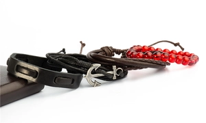 Vintage anchor leather bracelet set with woven ropes and red beaded charms for men