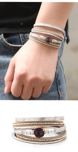 Detail of multi-layer wrap bracelet with purple druzy stone, crystal and leather bands