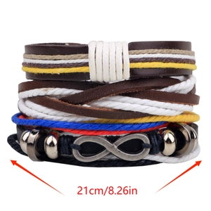 Bracelet multicouche symbole infini avec cordes tressées colorées et lanières en cuir