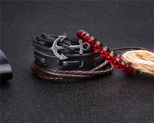 Vintage nautical bracelet set with leather wrap, anchor pendant and red beaded strand