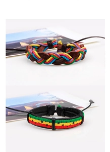Detail of multi-color woven leather cord bracelet and black star strap with drawstrings
