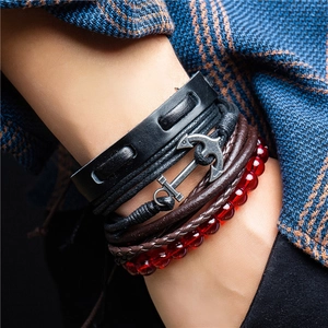 Retro anchor charm bracelet set with multilayer leather cords and red beads for men