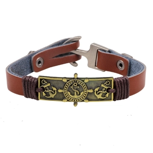 Bracelet punk en cuir rétro avec breloque en bronze antique motif ancre et gouvernail