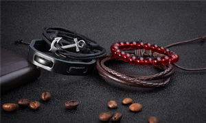 Retro men's layered bracelet set featuring anchor charm, leather braids and red beads