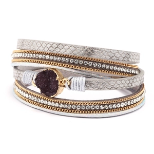 Bohemian Multilayer Wrap Bracelet For Women Purple Druzy Crystal Snake Pattern Artificial Leather Gold Chain Rhinestone Bracelet Jewelry