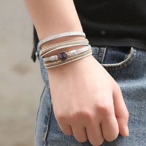 Multi-layer wrap bracelet with purple crystal, silver snakeskin leather and rhinestones