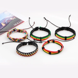 Five-piece set of woven leather bracelets with colorful cords and adjustable closure