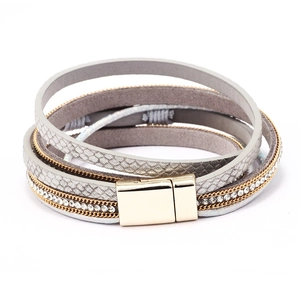Bohemian multi-layer wrap bracelet with purple beads, crystals and golden magnetic clasp
