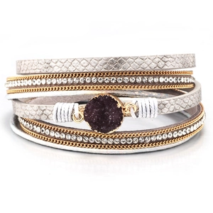 Multi-layer wrap bracelet with purple druzy stone and crystal rhinestones in silver finish
