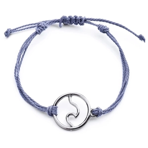 Handmade blue wax string bracelet with circular wave charm and adjustable knots