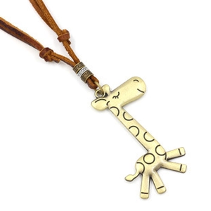 Macro detail of bronze giraffe pendant on a brown leather rope necklace for men